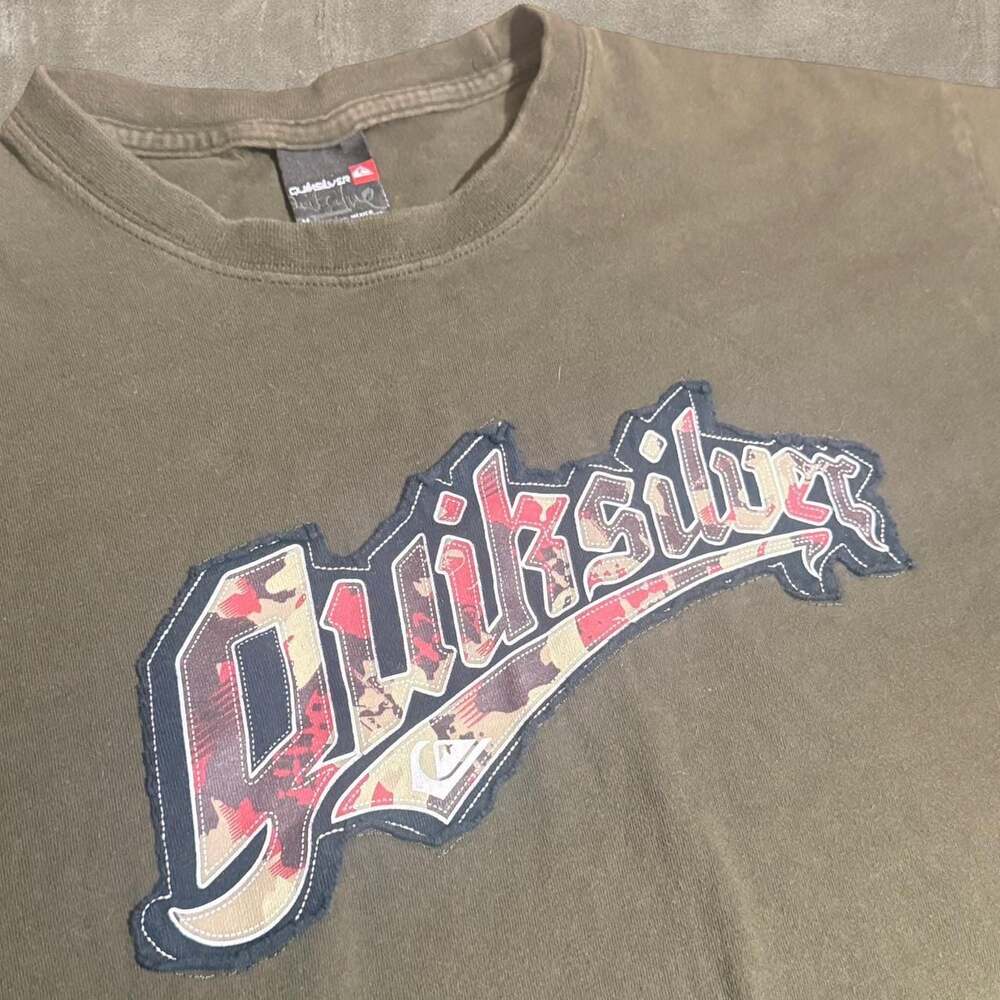 Vintage Quiksilver Y2K Camo Logo T-Shirt, Olive Green Graphic Tee, Size M